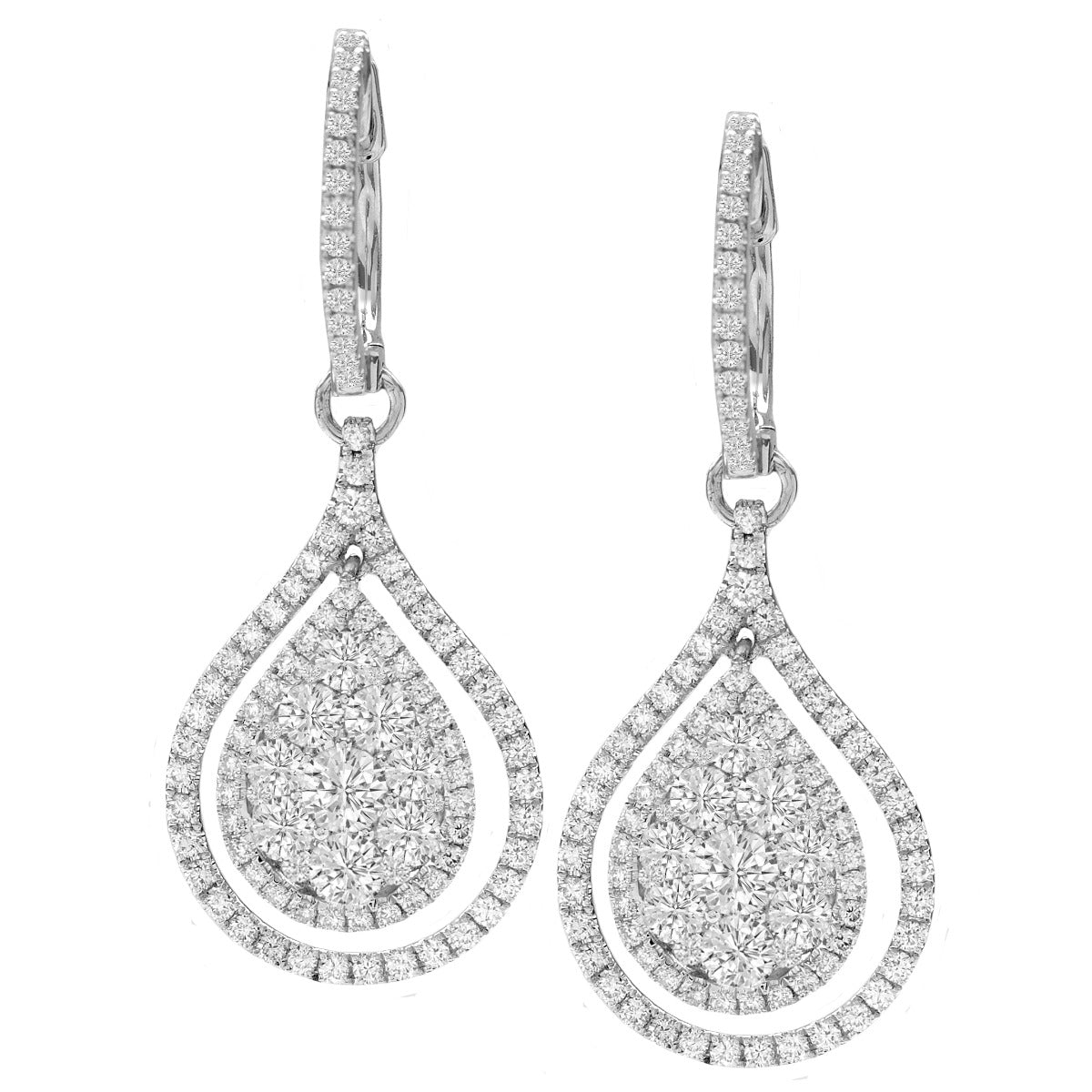 14K Diamond Pear Halo Drop Earrings; 2.86 ctw