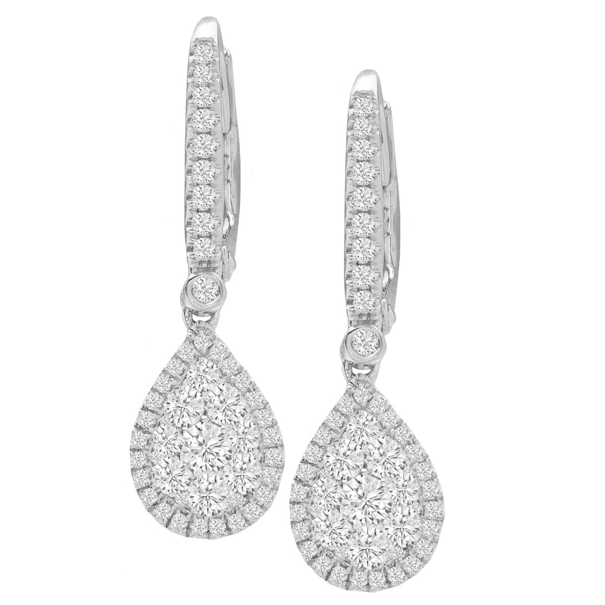 14K Diamond Pear Halo Drop Earrings; 0.81 ctw