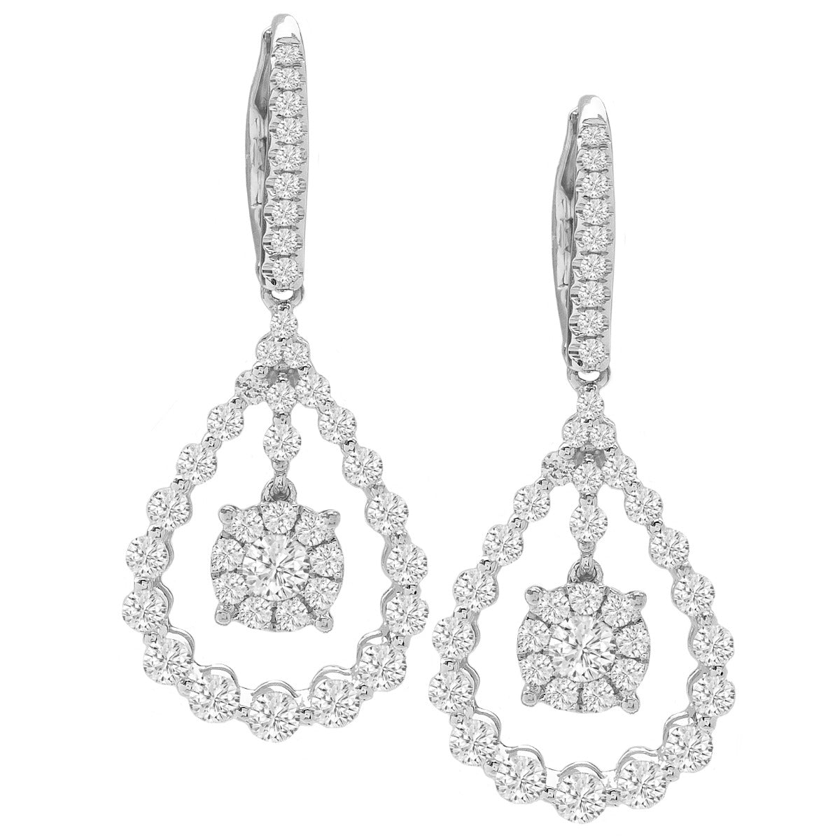 14K Diamond Pear Halo Drop Earrings; 1.71 ctw